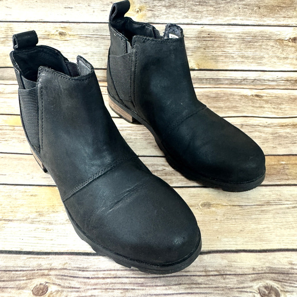 Sorel Womens Black Emelie Waterproof Leather Chelsea Boots Size 7 - Picture 1 of 9